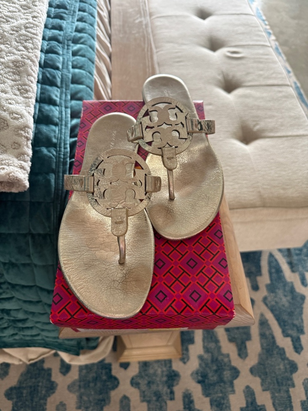 Tory Burch Metallic Gold Logo Thong Sandals